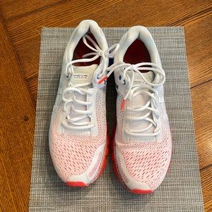 Under Armour HOVR Infinite Size 12 mens running shoes w/ blue & orange accents.